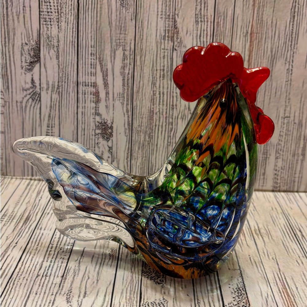 "Gorgeous Designs" Hand Blown Art Glass Rooster Figurine 7” Colorful EUC